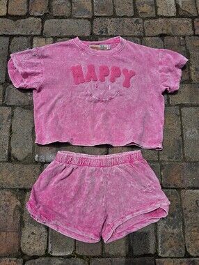 Vintage Havana Pink Happy Kids Matching Set EUC 14/16 Shorts Cropped Top. Smiley